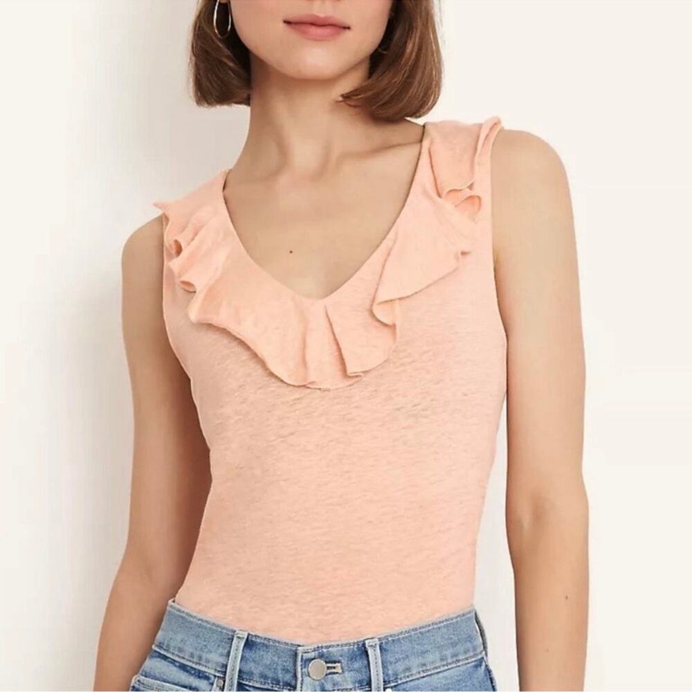 Ann Taylor XXL Peach 100% Linen Slub Knit Ruffle V-Neck Sleeveless Tank Top NWT